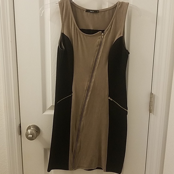 Suede Panel Color Block Dress Asymmetrical Zip - Picture 1 of 3